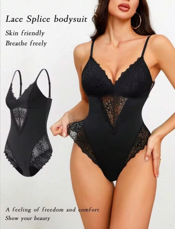 Women’s Black Lace Splice Bodysuit – Stylish V-Neck Floral Lace One-Piece Lingerie